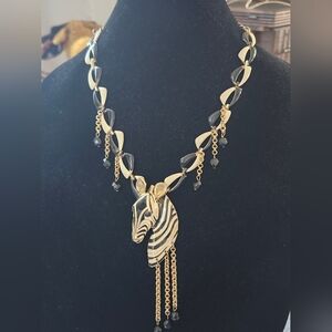 Vintage Upcycled Zebra Statement Necklace - Handmade Repurposed Brooch
